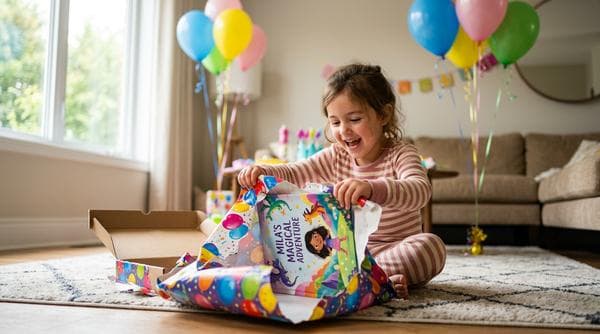 Child opening birthday gifts with a personalized book