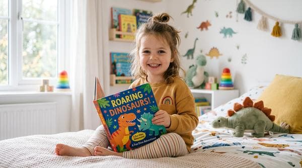 Child reading a personalized dinosaur adventure book