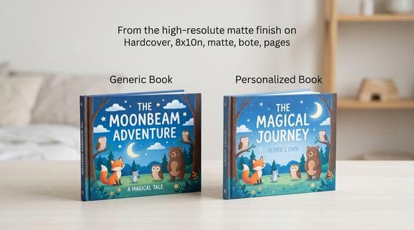 Personalized storybook next to regular children's books